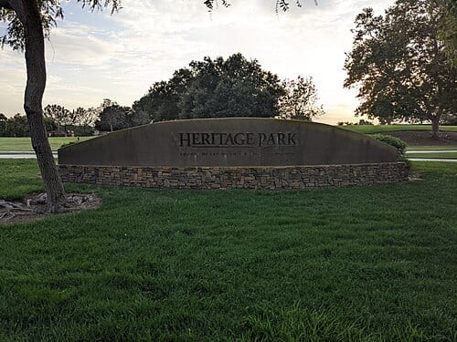 The park sign for Heritage Park in 4S Ranch, San Diego County, California, USA.