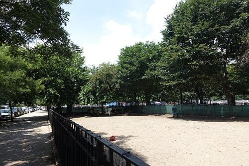 Looking west through the dog run at the eastern end of Murray Playground, at 21st Street and 45th Road in Long Island City, Queens.