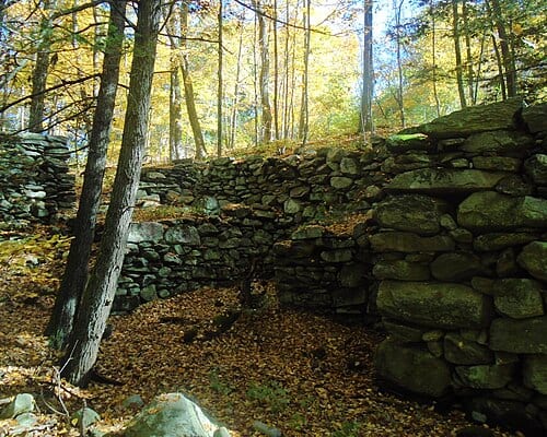 The foundation is what remains of the historic fulling mill at the Little River Conservation Area in Charlton, Massachusetts