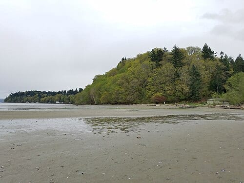 Beach at low tide at Dash Point State Park in Washington state, USA.