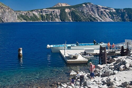 Boat Launch at Cleetwood Cove with the Old Man of the Lake to the left