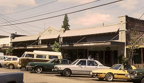 Businesses along Madison Street in Madison Park, Seattle, Washington, U.S., 1975.