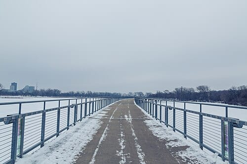 Kruidenier Trail along a pedestrian bridge over Grays Lake in Des Moines, Iowa.