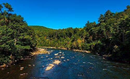 Looking upstream along Esopus Creek from the bridge on the rail trail along the creek to Ashokan Reservoir