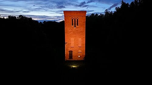 This is a picture of the Whittier cotton mill found in Whittier Mill Park in Atlanta, Georgia. It was taken with a DJI Mini 4 Pro drone.