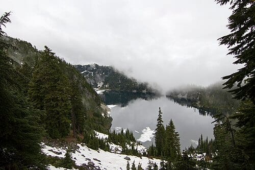 Snow along Snow Lake Trail in the Alpine Lakes Wilderness, Mt Baker Snoqualmie National Forest