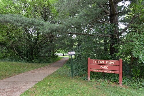 The sign at one of the entrances for Tysons Pimmit Park, managed by Fairfax County Park Authority. 7584 Leesburg Pike, Falls Church, Virginia 22043.