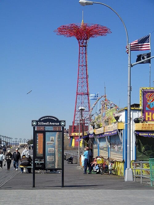 The Coney Island Parachute Jump, as seen from the Riegelmann Boardwalk.