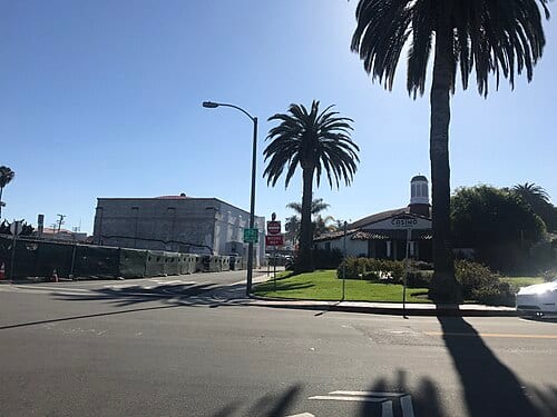Photo of two contributing properties of the North Beach Historic District in San Clemente, California. On the right is the San Clemente Casino, and on the left is the San Clemente Theatre. There was a third contributing building (San Clemente Bowling Club) that has recently been demolished in the…