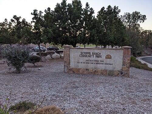 This is the park sign at the entrance to Scripps Ranch Community Park, in Scripps Ranch, San Diego, California, USA. This photo is facing North/Northwest, with the vehicle entrance just South of the where this was taken.