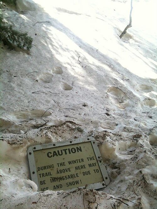 A sign located at roughly 8100 ft elevation on the La Luz trail to warn of winter conditions.