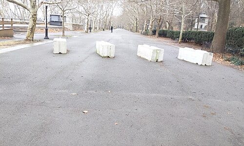 Barrier blocks in Riverside Park between Ellington in the Park and 105th Dog Run