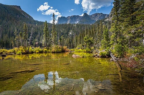 Fern Lake in Rocky Mountain National Park, Colorado, US. Flattop Mountain (12324 ft) overlooking the lake.