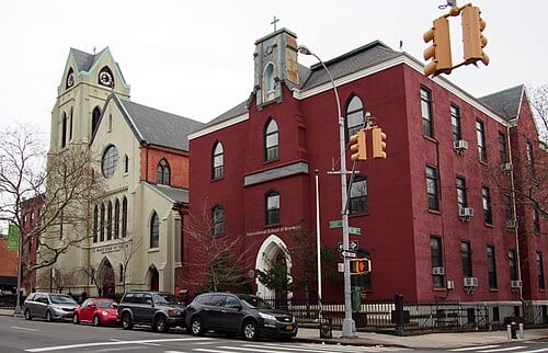 The corner of Court Street and Nelson Street in the Carroll Gardens neighborhood of Brooklyn, New York. On the right is the International School of Brooklyn. On the left is St. Mary Star of the Sea.