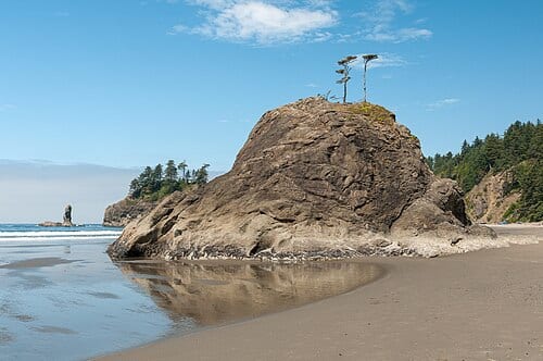 This beach is near the most western point of the continental United States and is located along the Pacific Coastline (Washington State).