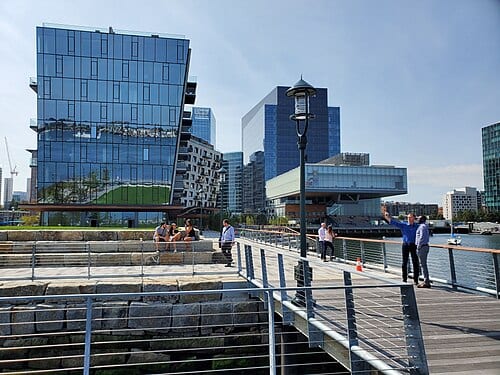 The Boston Harborwalk wraps around the new residential building on Pier 4