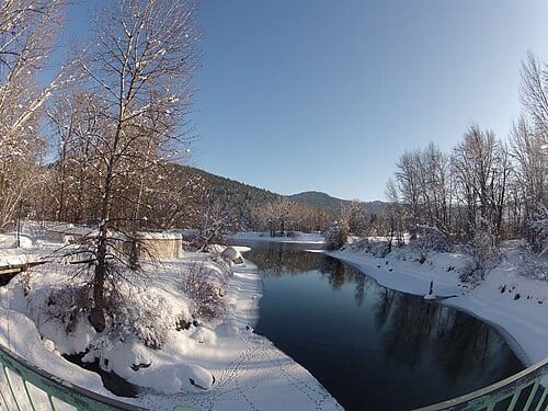 Wenatchee River and Pedestrian Bridge to Blackbird Island Leavenworth Washington