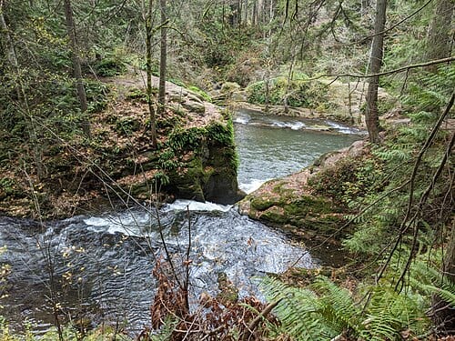 A minor waterfall on Whatcom Creek, below the stone bridge, below Iowa Drive, Bellingham, Washington
