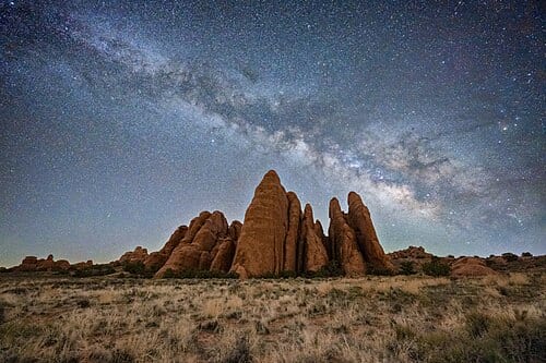 Milky Way by Sand Dune Arch. Stacked 4x 60 second exposures for the foreground, and one 15 second exposure for the sky.
