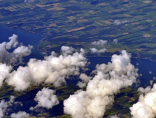 Aerial view of Long Point State Park and nearby Aurora, Cayuga County, New York on Cayuga Lake , from SSW.