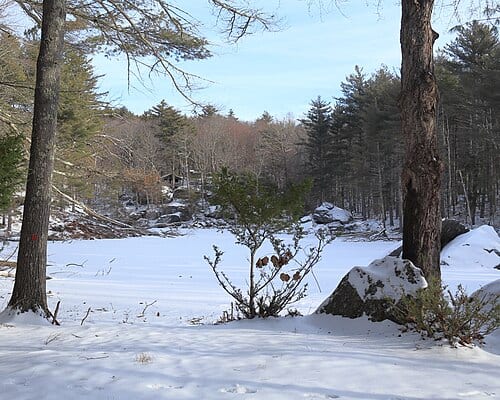 View from the southern side of Carter Pond, at Rock House Reservation in West Brookfield, Massachusetts. The "Trailside Cabin" shelter is visible on the other side, overlooking the frozen snow-covered pond.