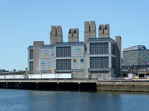 MassDOT Ventilation Building 1 viewed from across the Fort Point Channel in June 2025