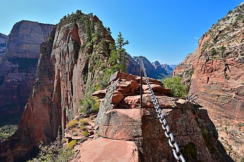 Angels Landing Trail leading to Angels Landing in Zion National Park . This is along the section requiring a permit and which has chain for hikers to stabilize themselves while crossing. (Note: EXIF time is Eastern Daylight Time UTC-4, while the time zone where/when the photo was taken is Mountain…