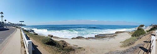 A panoramic photograph of Windansea Beach, in the La Jolla neighborhood of San Diego