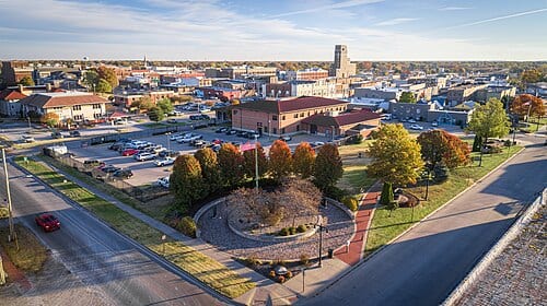 A beautiful morning view of Miners Memorial park in the fall of 2022. Captured from the corner of Walnut and 2nd Street looking north east.