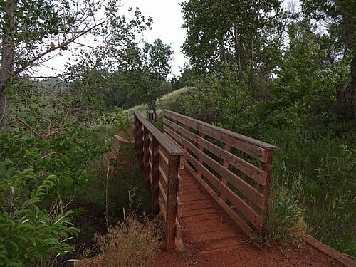 The first bridge one encounters on the Wild Loop Trail after leaving the Devil's Backbone Trail Head. The bridge and the trail are part of the Devil's Backbone Open Space in Larimer County Colorado, US.