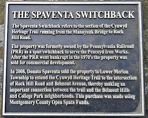 Historical marker for the Spaventa Switchback along the Cynwyd Heritage Trail in Lower Merion Township, Pennsylvania