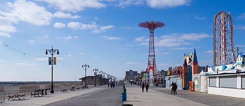 Coney Island's Riegelmann Boardwalk, looking west towards the Parachute Jump.