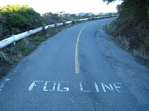 Sweeney Ridge. Sneath Lane was the access road the military used to get to the Nike base. There is probably a good reason it says "fog line" on the pavement, but I don't have any idea why.