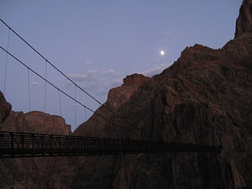 At the bottom of the Grand canyon, one of two bridges that get you across. Seen during an after dinner stroll by Jerry and I from Bright Angel campground to the Colorado gc 418