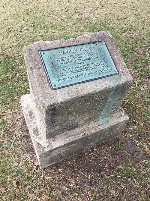 A marker located on the President Street side of Harmon Field in Charleston, South Carolina.