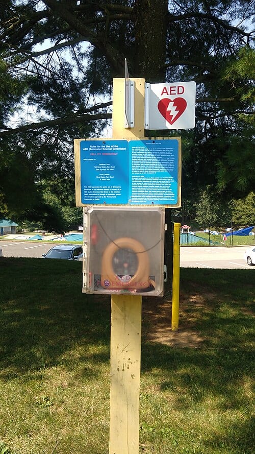 Automated External Defibrillator (AED) in McMoran Park, Belmont Hills in Lower Merion, PA. It is mounted on a pole and is publically accessible at all times. Instructions are posted on the pole as well.