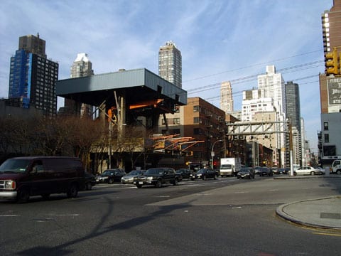 Looking north along Second Avenue at Roosevelt Island Tramway, Manhattan Side. Photographed by Jason Jacob Northway in December, 2004