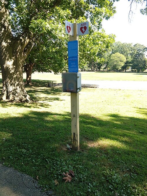 Automated External Defibrillator (AED) in South Ardmore Park, between sports fields.