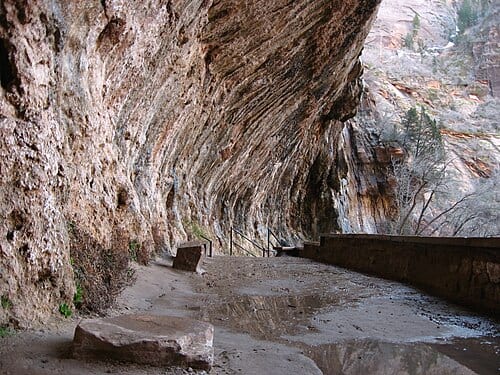 The Weeping Rock Trail is a quarter-mile (if that) walk from the parking area. It is located between the Temple of Sinawava and the Grotto. Although Weeping Rock is always wet, during the spring or wet periods, a waterfall is added to the mix.