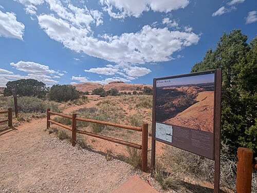 The sign at the start of the trail for Whale Rock with the trail to the left of it. The top middle part of Whale Rock is visible in the distance, but it doesn't look like a whale from this angle. The Island in the Sky District, Canyonlands National Park in Utah.