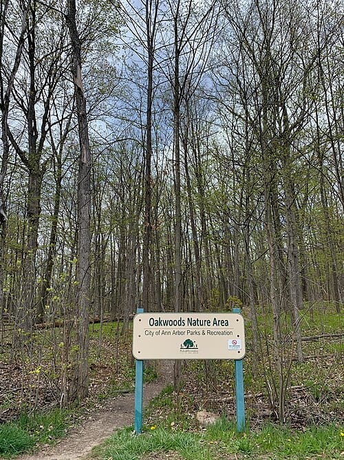 Oakwoods Nature Area park sign in Washtenaw County, Michigan, United States of America