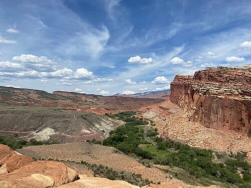 Scenic view of the Fruita Rural Historic District in Capitol Reef National Park, Utah. Photo was taken from the Cohab Canyon Trail. The Fruita Schoolhouse is obscured by trees in the bottom-right corner.