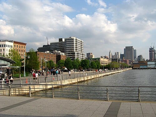 Hudson River Park . Looking south from Christopher Street pier to Pier 40 on a sunny spring late afternoon.